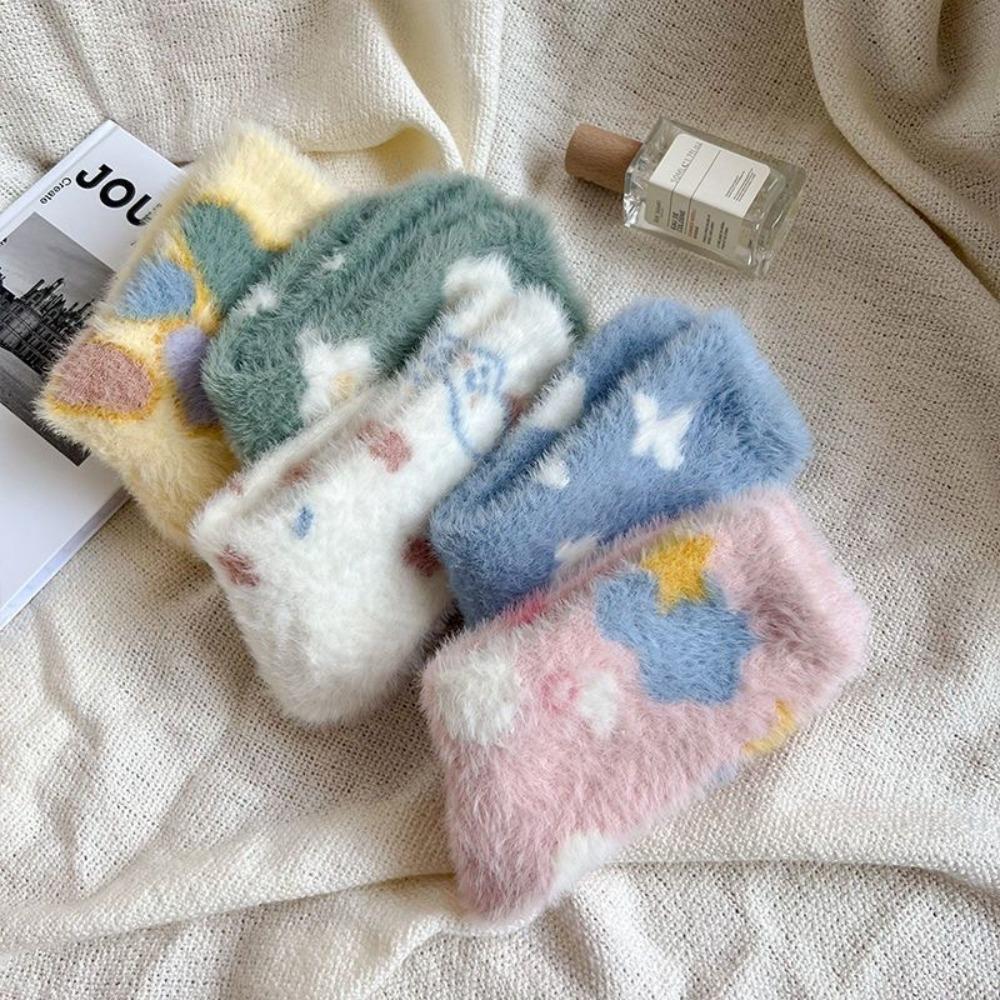 Keep Warm Mink Velvet Socks Flower Heart Pattern Winter Socks Sweet Middle Tube Sock Ladies