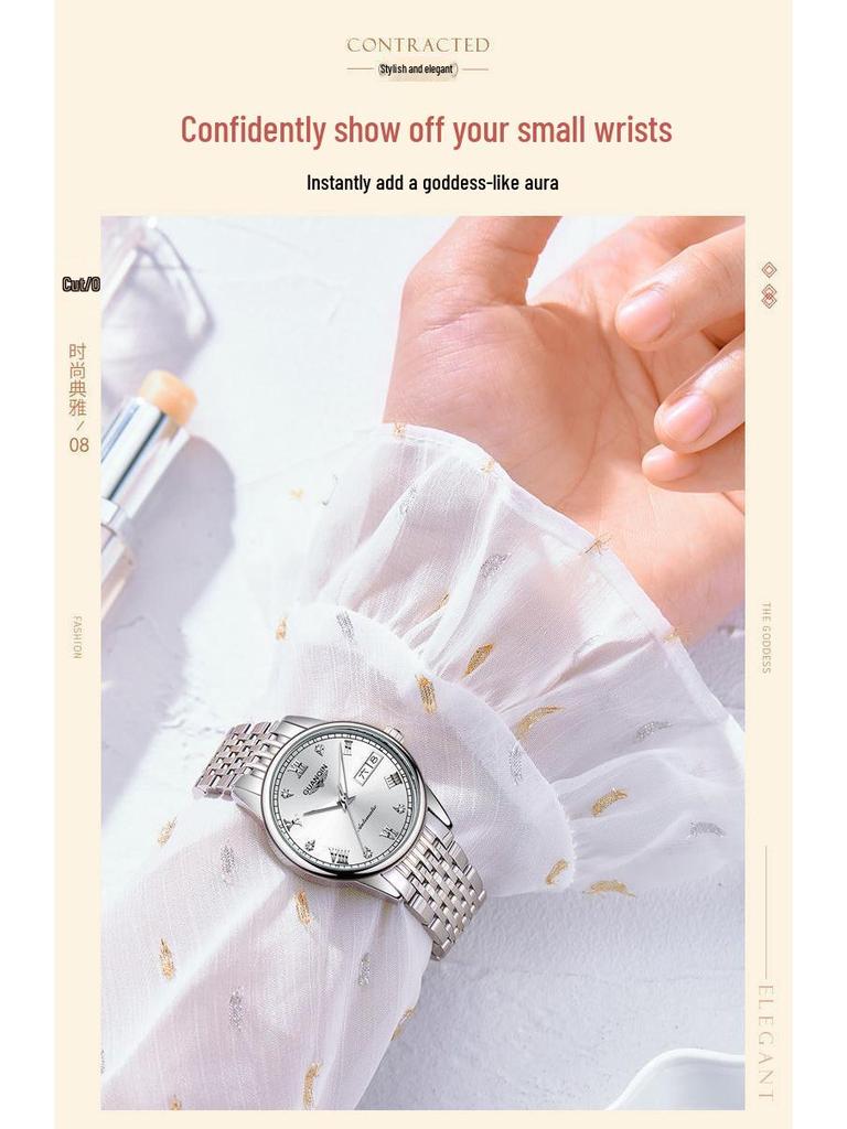 Женские минималистичные водонепроницаемые часы со швейцарскими стразами, двойным календарем, люминесцентным циферблатом и стальным браслетом.