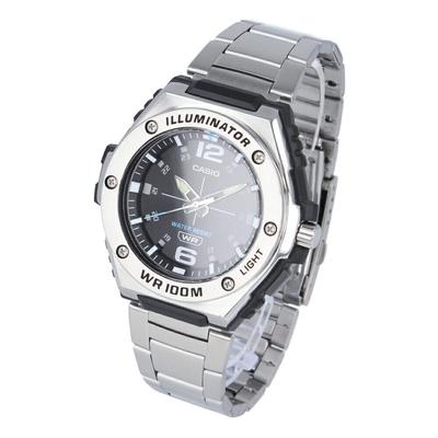 CASIO Водонепроницаемые кварцевые аналоговые часы с корпусом из полимера и нержавеющей стали серебристого цвета и мужским корпусом, черные, MWA-100HD-1A