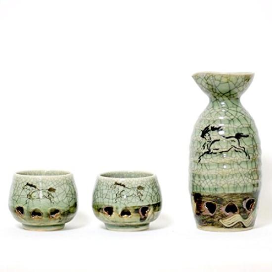 Ohori Soma Ware Matsunaga Kiln Sake Bottle and Two Sake Complete Sake Set Double-Layered (1 Go) Double-Layered Cups,