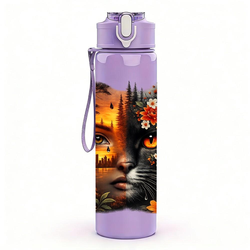 1PC Abstract Lady Face Warm Tone Art Print 750ml Color Plastic Sports Water Bottle Leakproof Flip Straw Lid Suitable for Sports Office Home Use