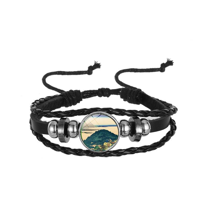 Japanese Wave Leather Bracelet, Ukiyo-e Handwoven Punk Retro Beaded Cord Jewelry