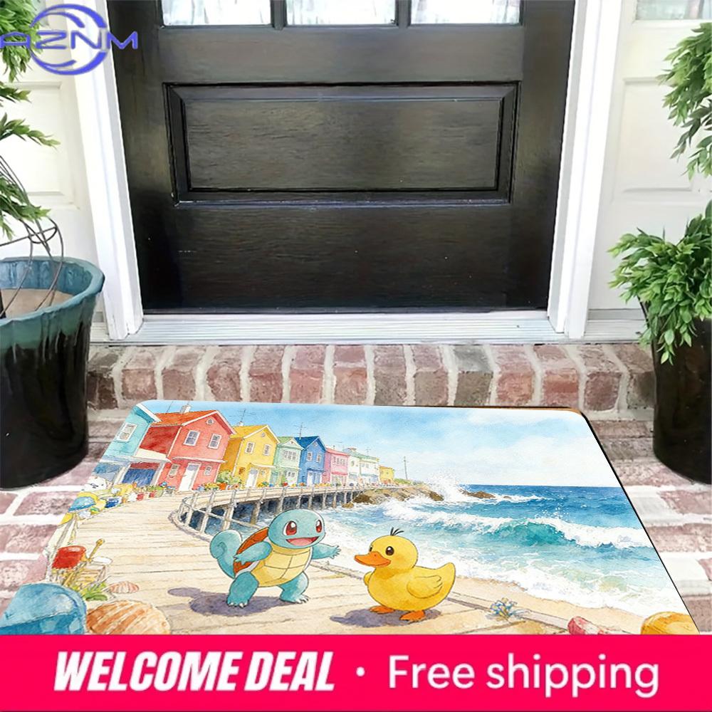 Cute Pokemon Squirtle Beach Scene Print Doormat Anti-slip Absorbent Floor Mat for Home Entrance Bedroom Living Room Decor