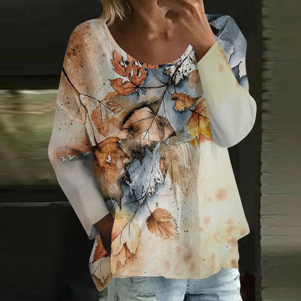 Women's Casual Fashion Loose Round Neck Floral Print Long Sleeve Top