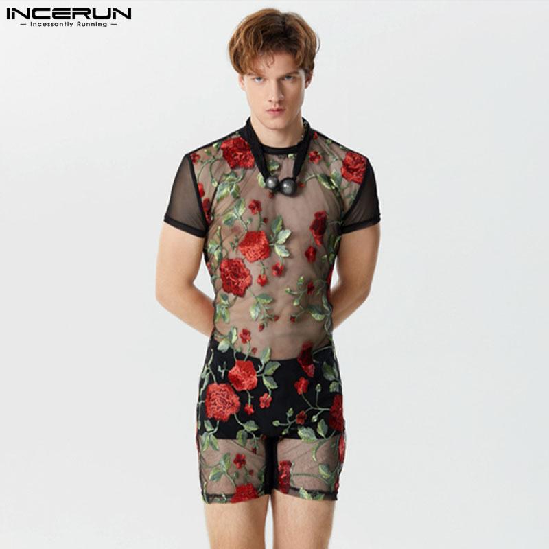 INCERUN Мужские прозрачные боди с коротким рукавом и прозрачной цветочной вышивкой