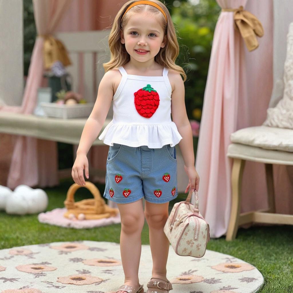 Девочки, топ на бретелях с 3D цветами-клубничками и вышитые джинсовые шорты