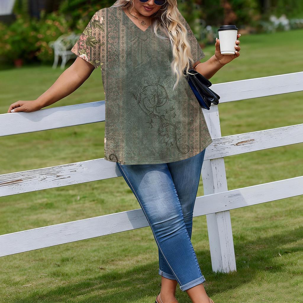 Женская модная повседневная свободная блузка большого размера с коротким рукавом, элегантная с V-образным вырезом, для работы