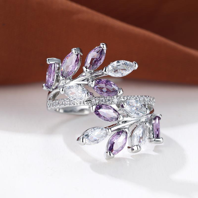 Luxury Tree Leaf Wedding Rings for Women Engagement Jewelry Marquise Stone Open Adjustable Finger Ring