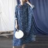 Women Bat Sleeve Linen Chinese Style Dress Print Floral Stand Button Cheongsam Autumn Loose A-Line Dresses