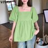 VONDA Summer Women Square Collar Puff Sleeve Ruched Casual Blouse Tops