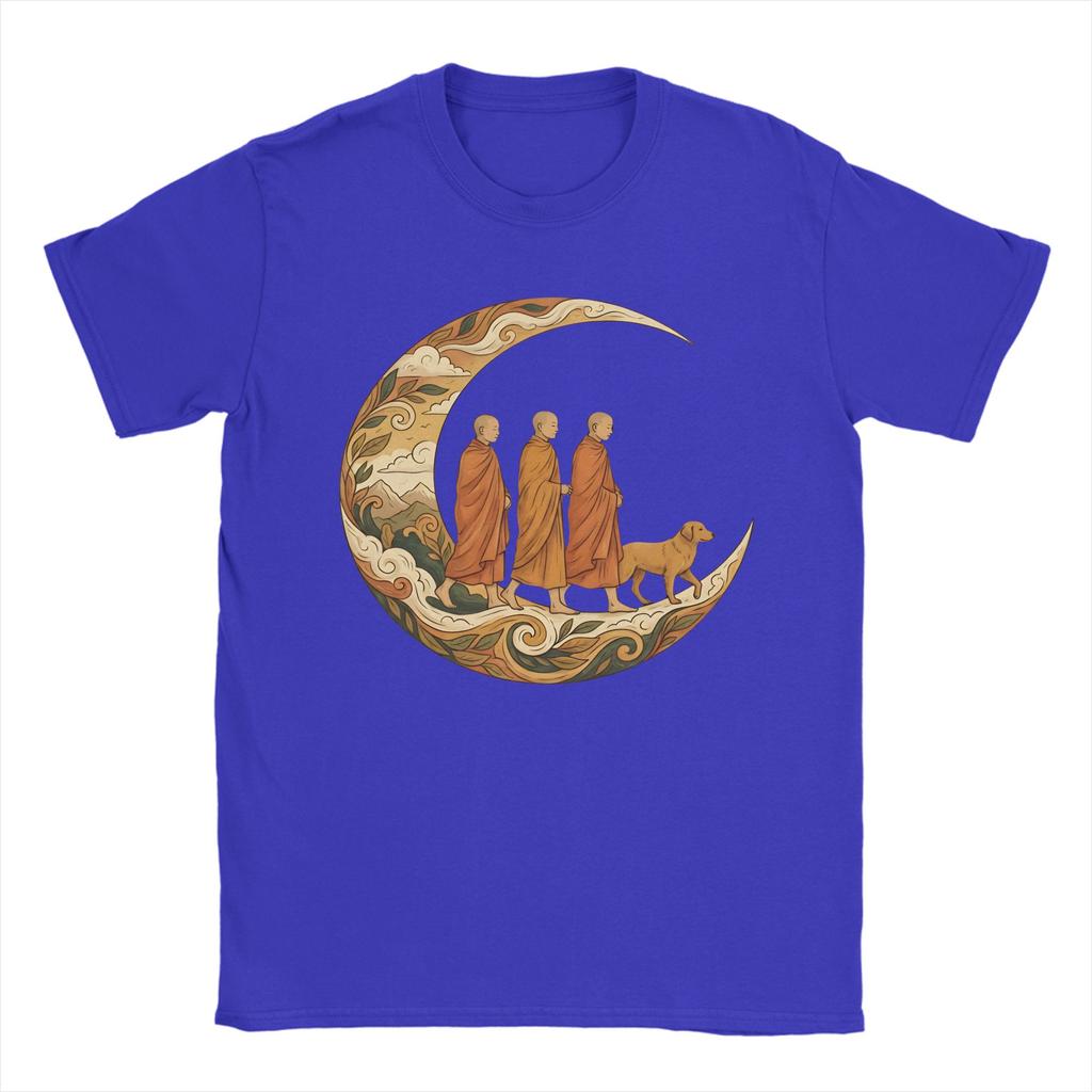 Walking for Peace Monks and Dog in a Crescent Moon Mens T Shirts Crazy Tee Shirt Short Sleeve TShirt Cotton Plus Size Clothes