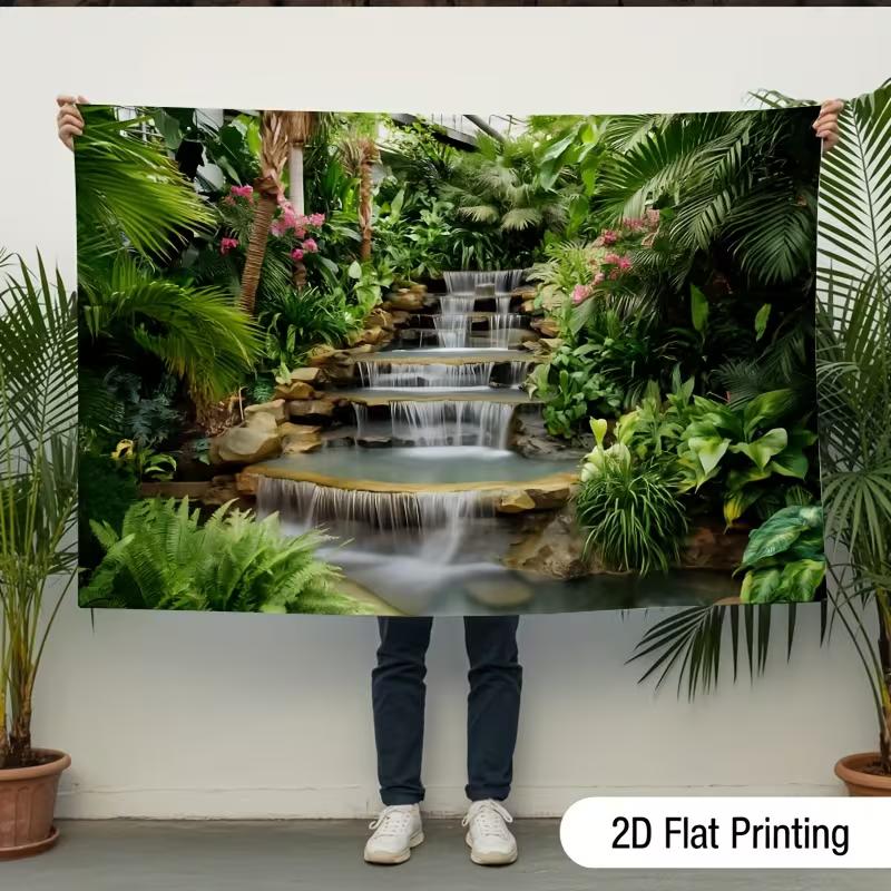 2D Garden Waterfall Backdrop, Tropical Plants & Cascading Waterfall Background Cloth