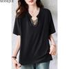 MODIQUE Весна Лето Большой Размер Новая Женская Свободная Однотонная Блузка Рубашки Женская Повседневная Ажурная Черная Оверсайз Короткий Рукав V-образный Вырез Топ