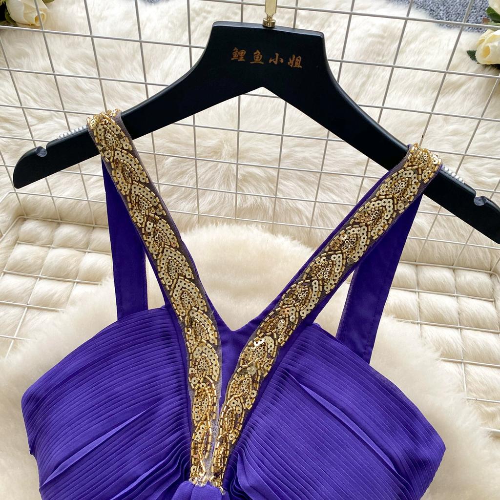 Summer Women Sexy Purple Strapless Open Back Sequined Beading Long Midi Holiday Beach Dress