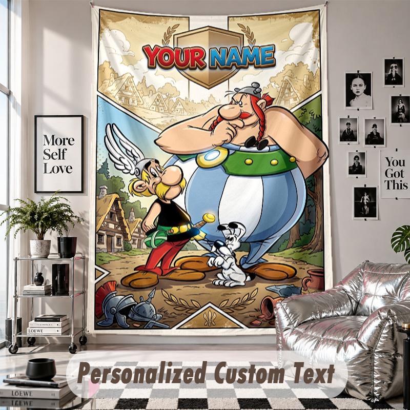 Wall Hanging Tapestry With Custom Name & Text, Asterix & Obelix Decorative Tapestry For Bedroom