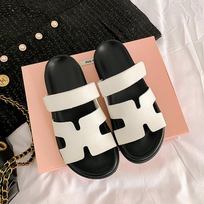 Тапочки женские для улицы летние новые на плоской подошве однотонные H-образные из кожи повседневные на липучке тапочки второго дяди