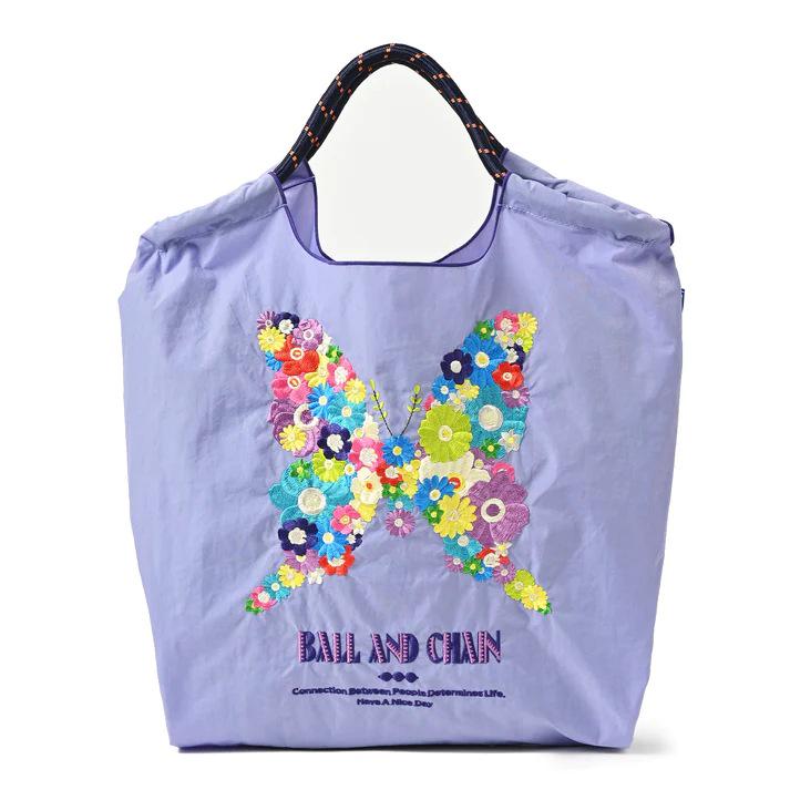 Eco-Friendly Embroidered Nylon Shopping Bag with Butterfly and Flower Designs, Convertible Hand-Held/Shoulder Style.