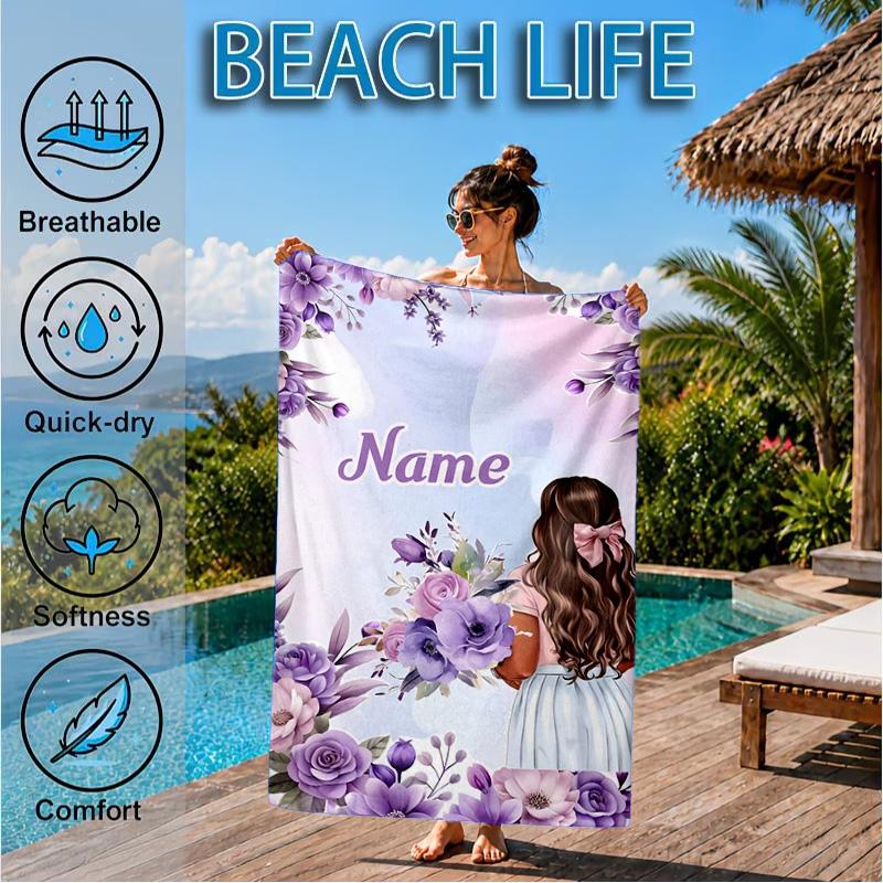 Custom Name Floral Princess Beach Towel Microfiber Beach Towel, Lightweight and Quick-Dry, for Summer Travel, Swimming Pool Gift