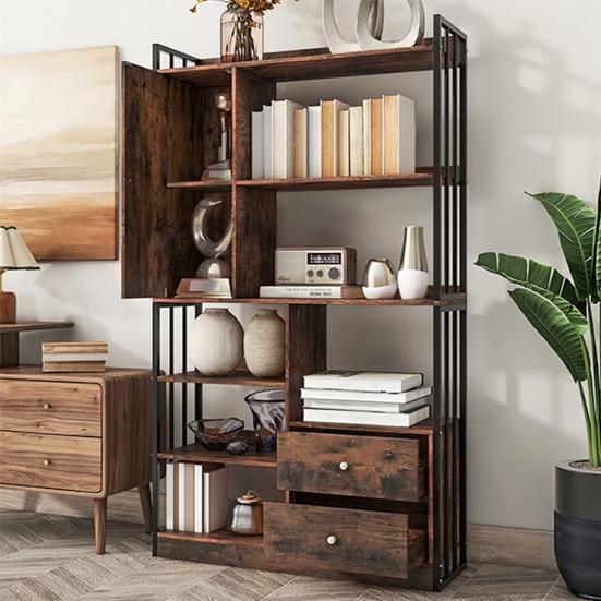 Bookcase, 6 Shelf Bookcase with Doors And Drawers Floor To Ceiling Bookcase, Industrial Bookcase, Steel Shelf,