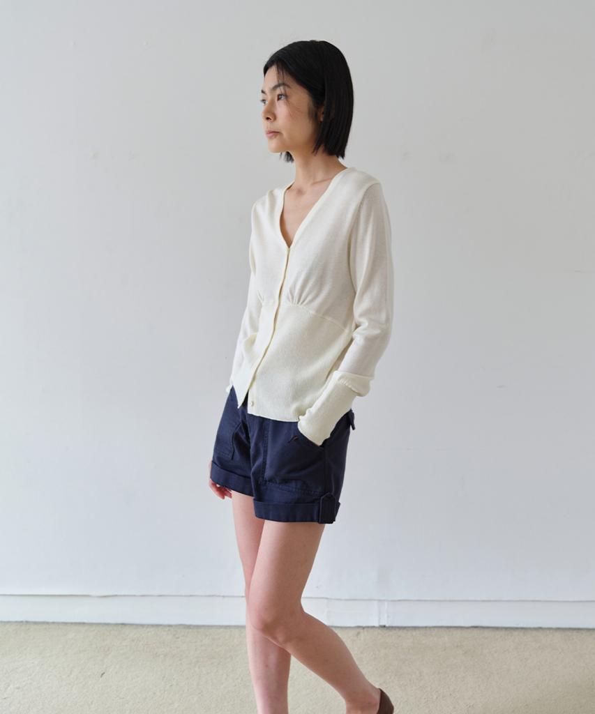 AHWE Silky V-Neck Shirred Cardigan_Ivory