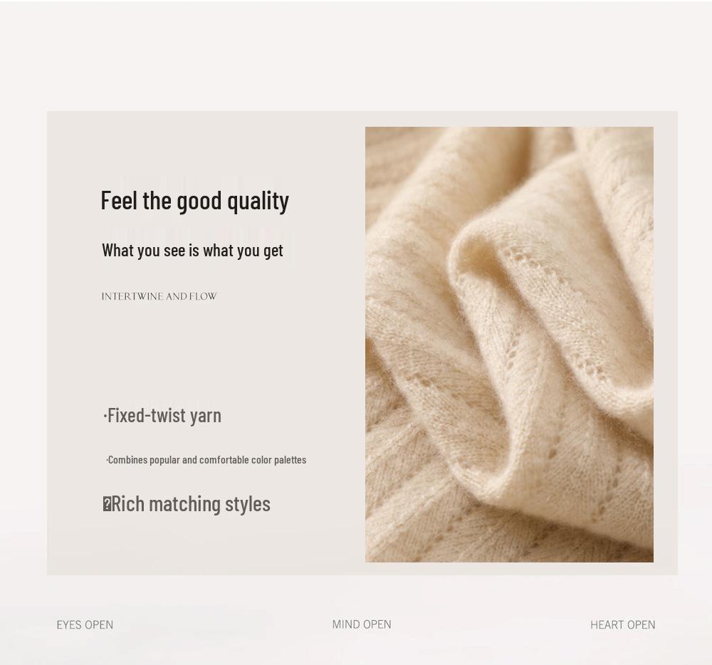 Women's Pure Cashmere Vertical Stripe Hollow Round Neck Sweater - Autumn/Winter 12-gauge Single-ply
