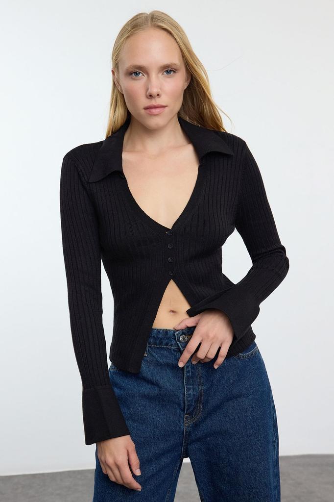 Women's Elegance Style Cardigan Black Premium Yarn Special Yarn Polo Collar Knitwear Cardigan