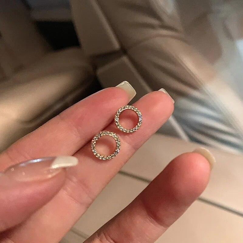 Delicate Small Circle Stud Earrings for Women Korean Fashion Earring Crystal Minimalist Jewelry Accessories