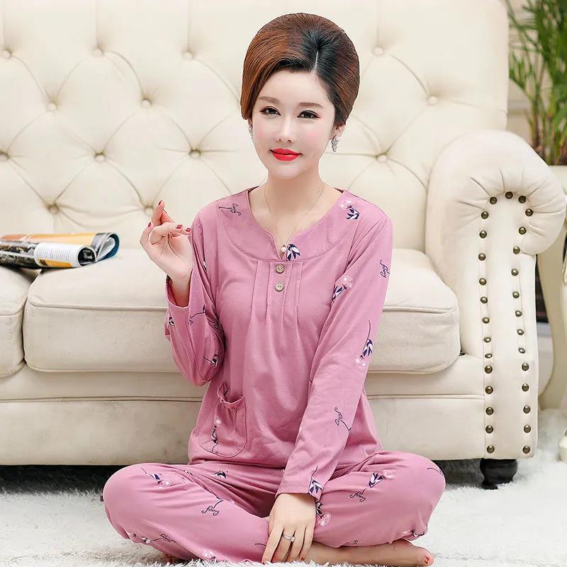 Spring and Autumn Ladies Women's Pullover Pajamas Loose and Comfortable High-quality Middle-aged Cotton Long-sleeved Trousers Home Set