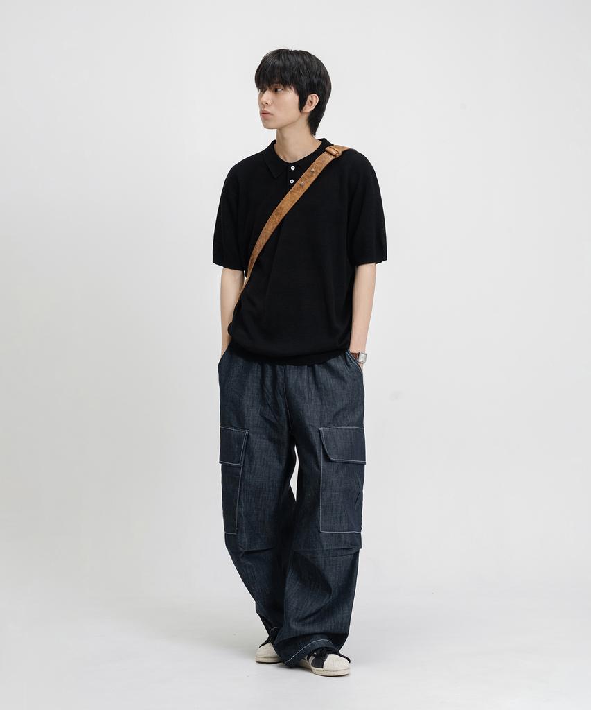 LEMAIN SECOND Linen-Like Oversized Washable Collared Short Sleeve Knit [Black]