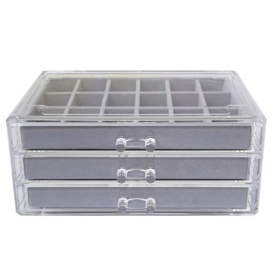 Акриловый органайзер для ювелирных изделий с 3 ящиками и несколькими отделениями, держатель для сережек, регулируемые подносы, пыленепроницаемая прозрачная шкатулка для драгоценностей