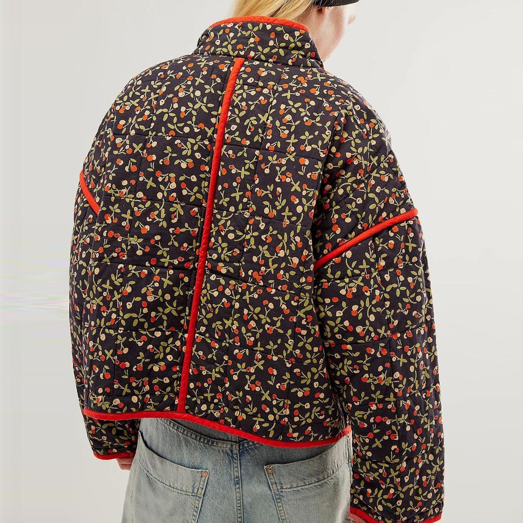 Женская стеганая куртка с цветочным принтом, куртка на пуговицах с длинными рукавами, легкая винтажная куртка с вышивкой, верхняя одежда