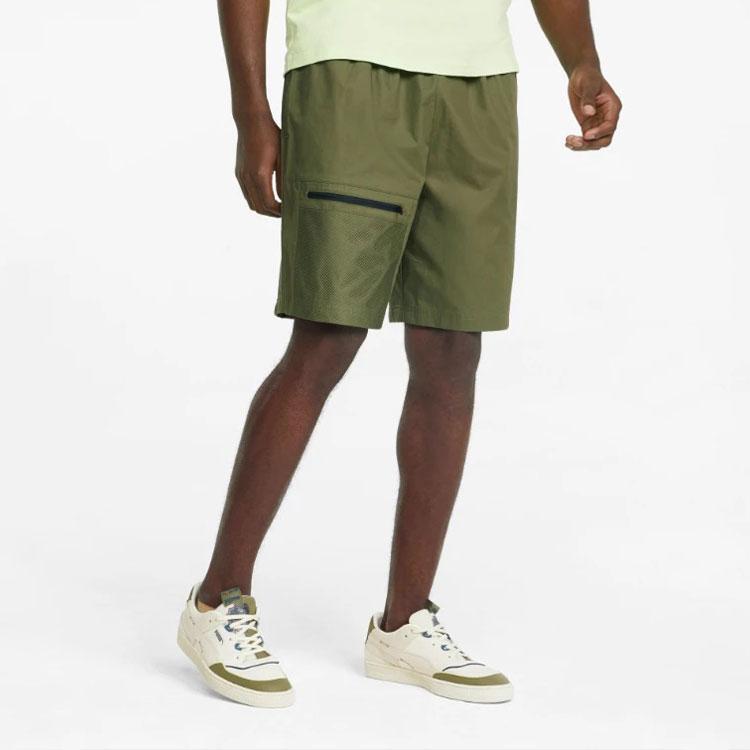 Puma Однотонные прямые шорты с логотипом и шнурком, мужские брюки темно-зеленого цвета 536940-32