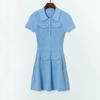 Women Diamond Buckle Knit Blue Mini Dress New Turn Down Collar Ladies Short Sleeve Pleated A-line Knitted Dresses C-013