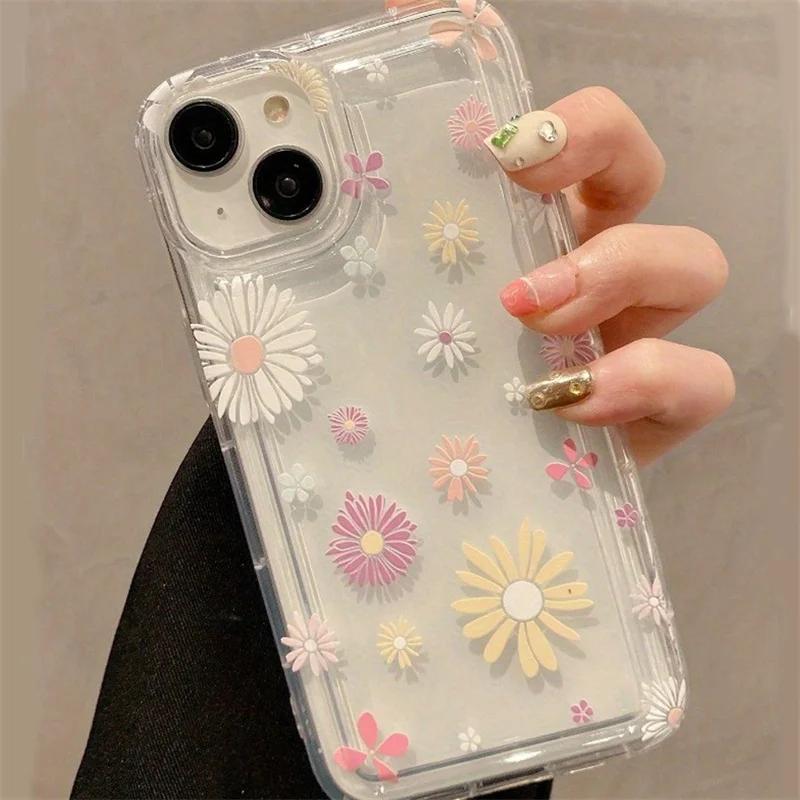 Cute Cherry & Daisy Phone Case For iPhone 16 15 14 13 12 11 Pro Max X XR 7 8 Plus Transparent Silicone Shockproof Case Cover