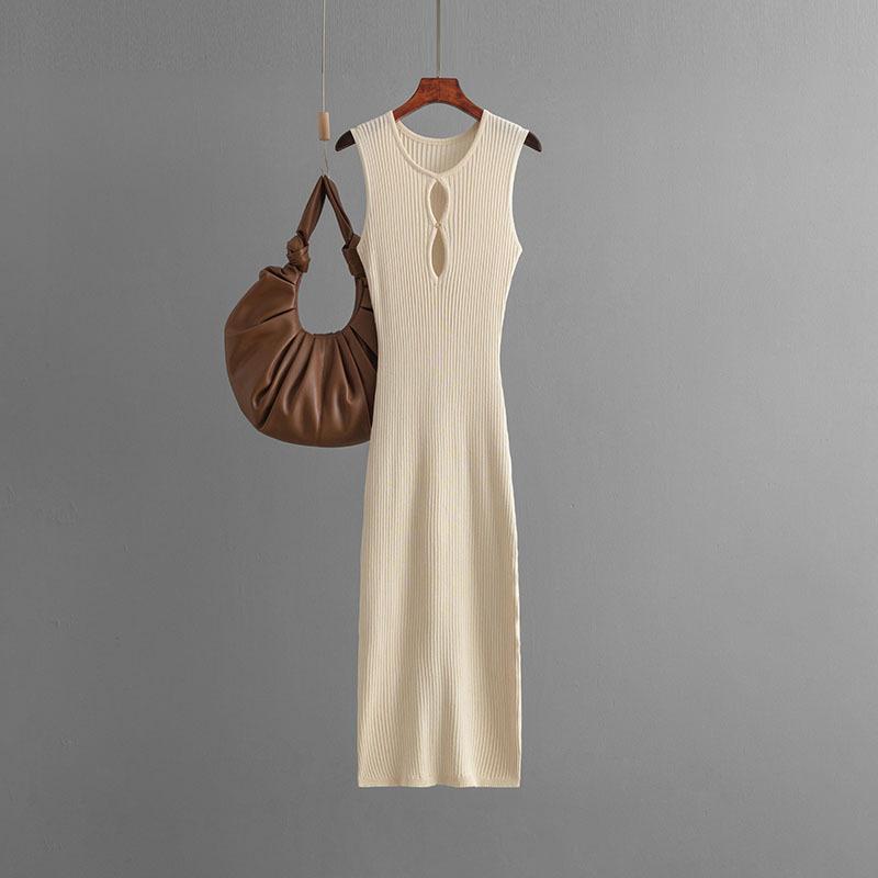 New Vintage Dress Senior Ice Silk Sleeveless Round Neck Slim Knit Mid-length Summer Sexy Base Dress