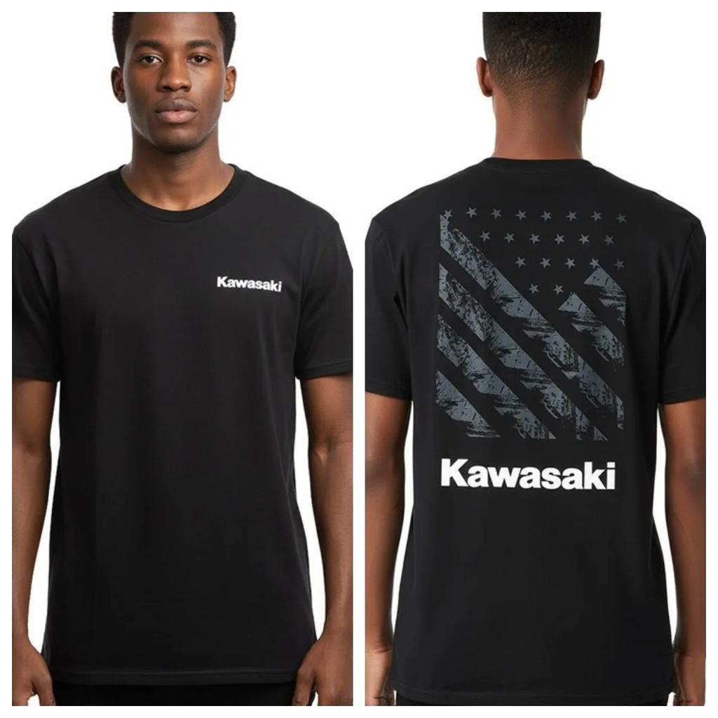 Хлопковая футболка Kawasaki с принтом американского флага, летняя коллекция 2026 года, мужская и женская, одежда в стиле Харадзюку, модная повседневная футболка для мотоциклистов