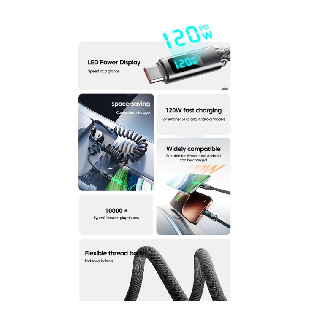 1M/2M 120W Пружинный Выдвижной USB A/C Тип C На Тип C Кабель Быстрой Зарядки Светодиодный Цифровой Дисплей ДАННЫЕ 480 Мбит/с Для Iphone15 16 Sams