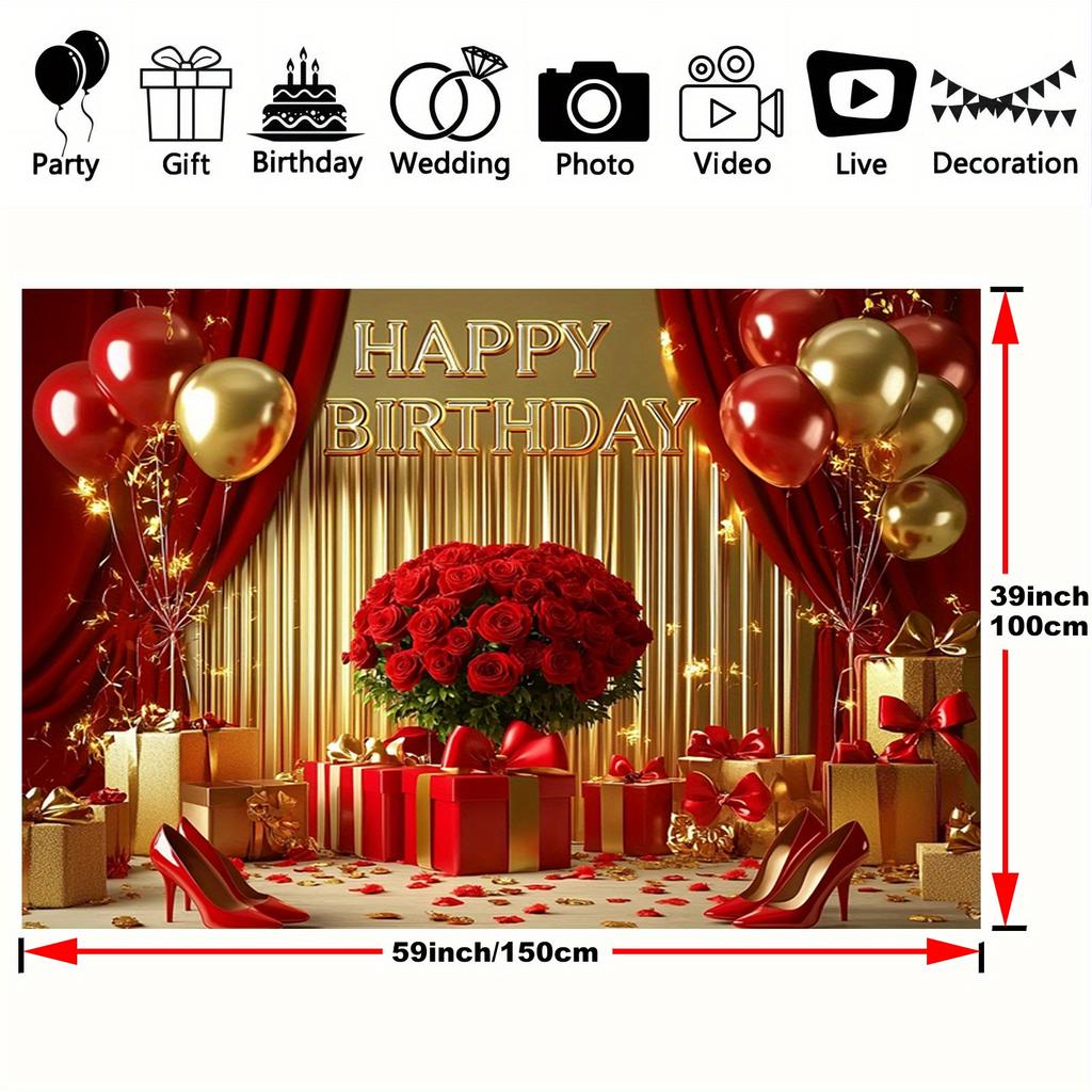 A pair of red high-heeled shoe theme background fabric, balloon and rose polyester fabric background, birthday wedding
