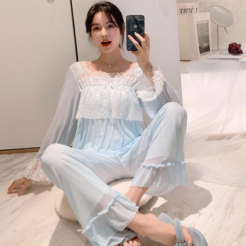 Французский винтажный кружевной женский пижамный костюм из двух предметов, женский, с длинным рукавом, рюшами, брюки, пижама принцессы, свободный крой, повседневный домашний костюм