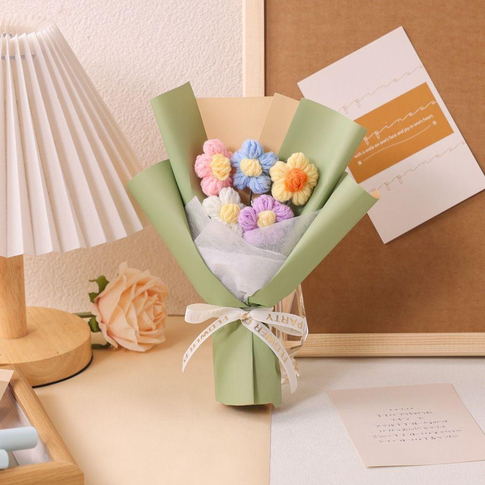 Милый букет из искусственных вязаных крючком цветов Ручная работа Мини-размер Вязаный пышный цветок 5 стеблей Имитация вязаного цветка День учителя