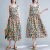 Summer Loose Cotton Linen Printed Round Neck Sleeveless Dress for Women Waist Cinched Mid Length Design Casual Dresses