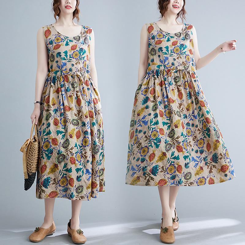 Summer Loose Cotton Linen Printed Round Neck Sleeveless Dress for Women Waist Cinched Mid Length Design Casual Dresses