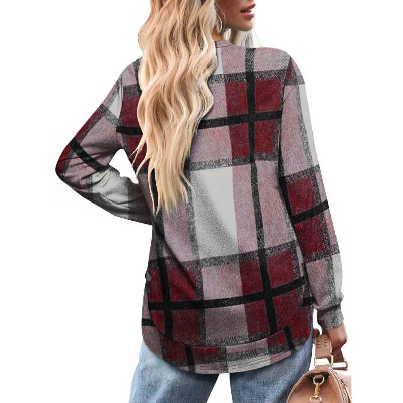 Women Casual Loose Plaid Long Sleeve Crew Neck Irregular Basic Top