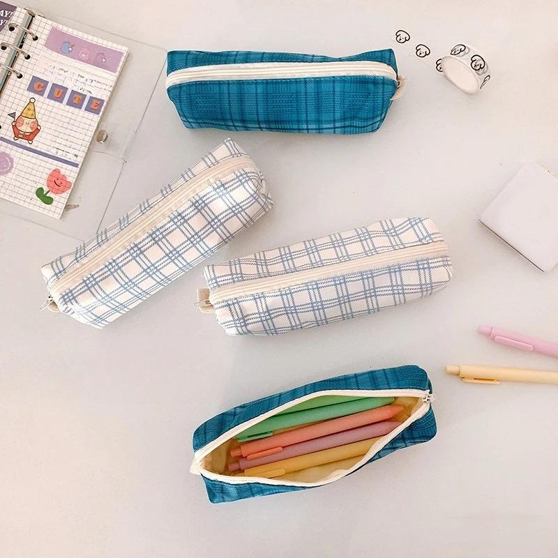 1pcs Student Zipper Pencil Bags Large Capacity Canvas Simplicity Checkered School Stationery Boxes Pencil Case Stationery Bag