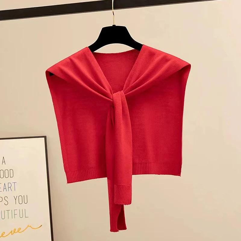 Korean Striped Knitted Warm Shawl Winter Female Blouse Shoulders Fake Collar Cape Knotted Scarf Stripe Outerwear