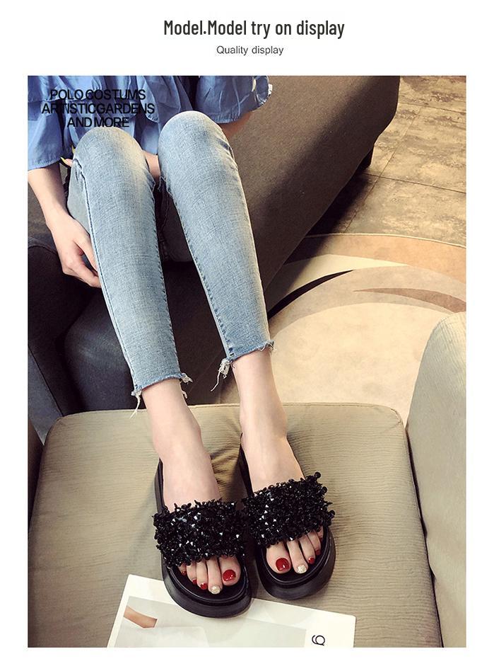 Women's Summer 2023 Beaded Platform Sandals: Versatile, Thick-Soled, Height-Boosting Beachwear