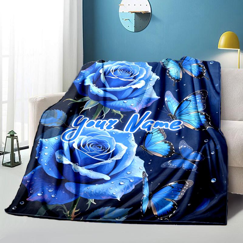 1PC Custom Name Blue Roses Butterflies flannel blanket versatile,all-season throw suitable for the living room,bedroom,camping,travel,and gift