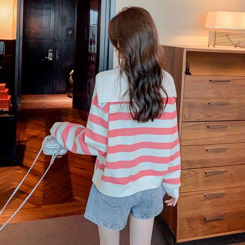 Повседневная полосатая толстовка с темно-синим воротником, женская осенняя корейская версия, дизайнерская свободная пуловерная рубашка большого размера с длинным рукавом, оригинальные женские топы
