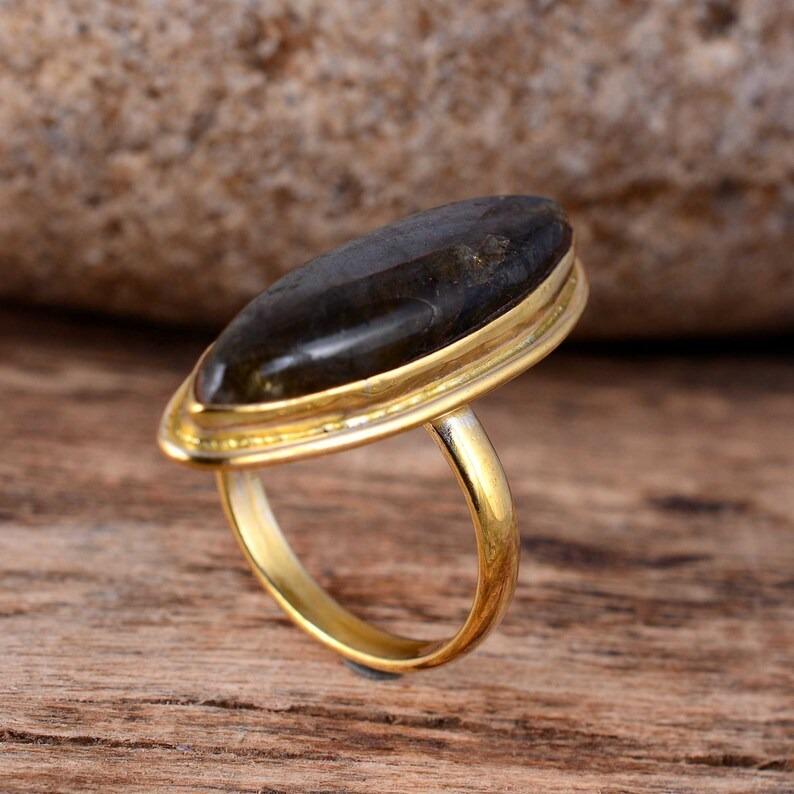 Natural Labradorite Gemstone Ring, Solid 925 Sterling Silver Yellow Gold Ring, Statement Ring, Birthstone Jewelry, Boho Ring
