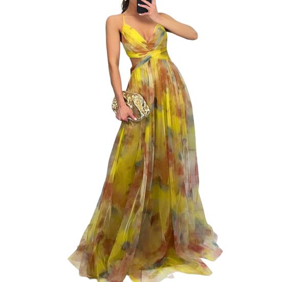 Women's Spaghetti Strap Maxi Dress Floral Boho Deep V-Neck Hollow Out Mesh Pleated Dress Summer Beach Party Swing Long Dress